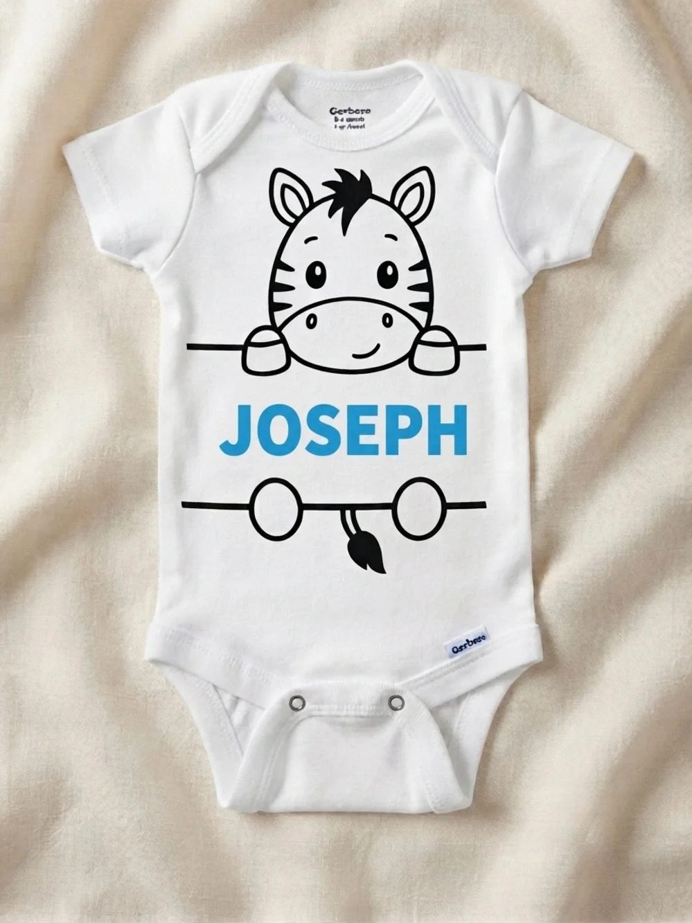 Gerber White Onesie with Black Zebra and Purple Name